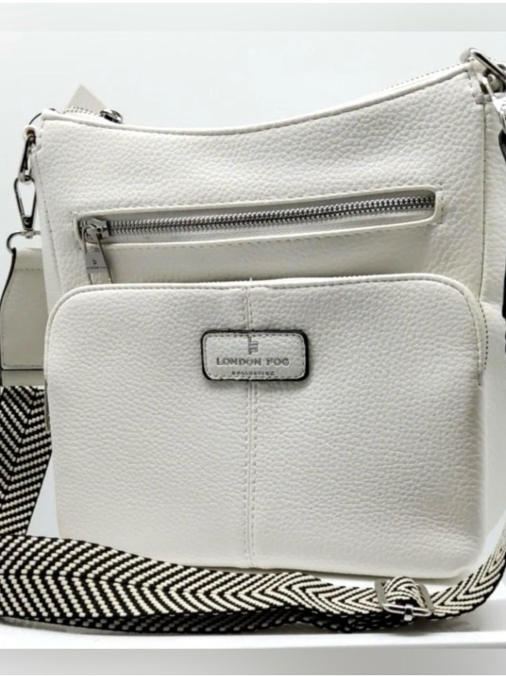 London Fog White Crossbody Bag with Patterned Detachable Strap